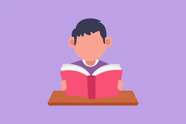 Charakter Plochá Kresba Malého Chlapečka Čtení Knihy Učebním Stole Zdroj — Stockový vektor