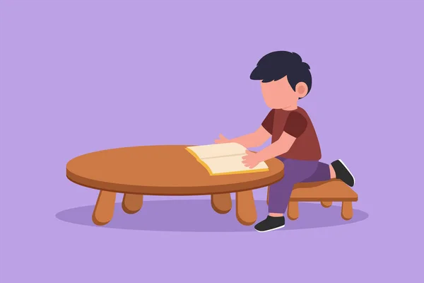 Grafische Flache Zeichnung Eines Kleinen Jungen Der Auf Einem Tisch — Stockvektor