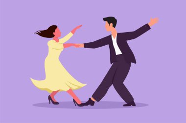 Grafik düz tasarım, salsa yapan çekici insanları çiziyor. Genç adam ve kadın dans ediyor. Vals tango ve salsa stili dans eden çift dansçı. Çift birlikte dans ediyor. Çizgi film biçimi vektör illüstrasyonu