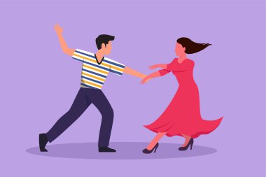 Çizgi film düz stil romantik erkek ve kadın dansçı çift tango yapıyor, dans pistinde vals yapıyor. Birlikte dans ederek mutlu bir hayat. Grafik tasarım vektör çizimi