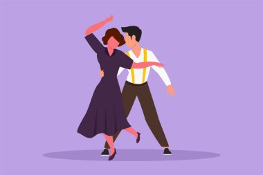 Genç erkek ve kadın profesyonel dansçı figürleri, dans pistinde vals dansları. Gece partisinde mutlu çift performansları. Çizgi film tasarım vektör çizimi