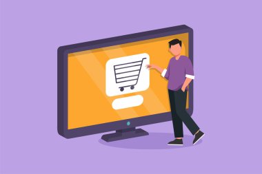Çizgi film düz stil genç adam ayakta duruyor ve içinde alışveriş arabası olan dev bir bilgisayar ekranı ile online alışveriş yapıyor. Dijital yaşam tarzı, iş tüketim konsepti. Grafik tasarım vektör çizimi
