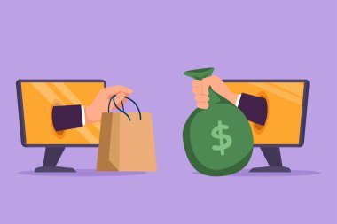 Çizgi film düz stili, para çantasıyla alışveriş torbası değiştirmek için ekrandan iki el çiziyor. Satış, dijital ödeme teknolojisi. Çevrimiçi mağaza ticareti. Grafik tasarım vektör çizimi