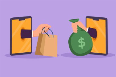 Grafik düz tasarım akıllı telefon ekranından para çantasıyla alışveriş torbalarını değiştirmek için iki el çekiyor. Satış, dijital ödeme teknolojisi. Çevrimiçi mağaza ve ticaret. Çizgi film biçimi vektör illüstrasyonu