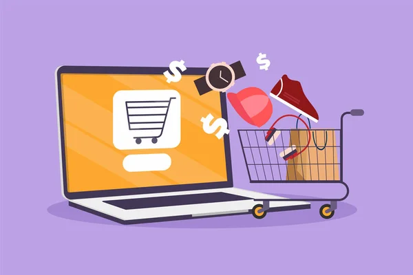 Grafik düz dizayn dizüstü bilgisayar ve internetten alınmış ürünlü alışveriş arabası. E-ticaret ve dijital pazarlama. Araba siparişi. Online mağaza teknolojisi. Çizgi film biçimi vektör illüstrasyonu