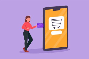 Karakter, içinde alışveriş arabası olan akıllı telefon ekranına kredi kartı takan güzel bir genç kadın çiziyor. Dijital ödeme ve online mağaza teknolojisi. Çizgi film tasarım vektör çizimi