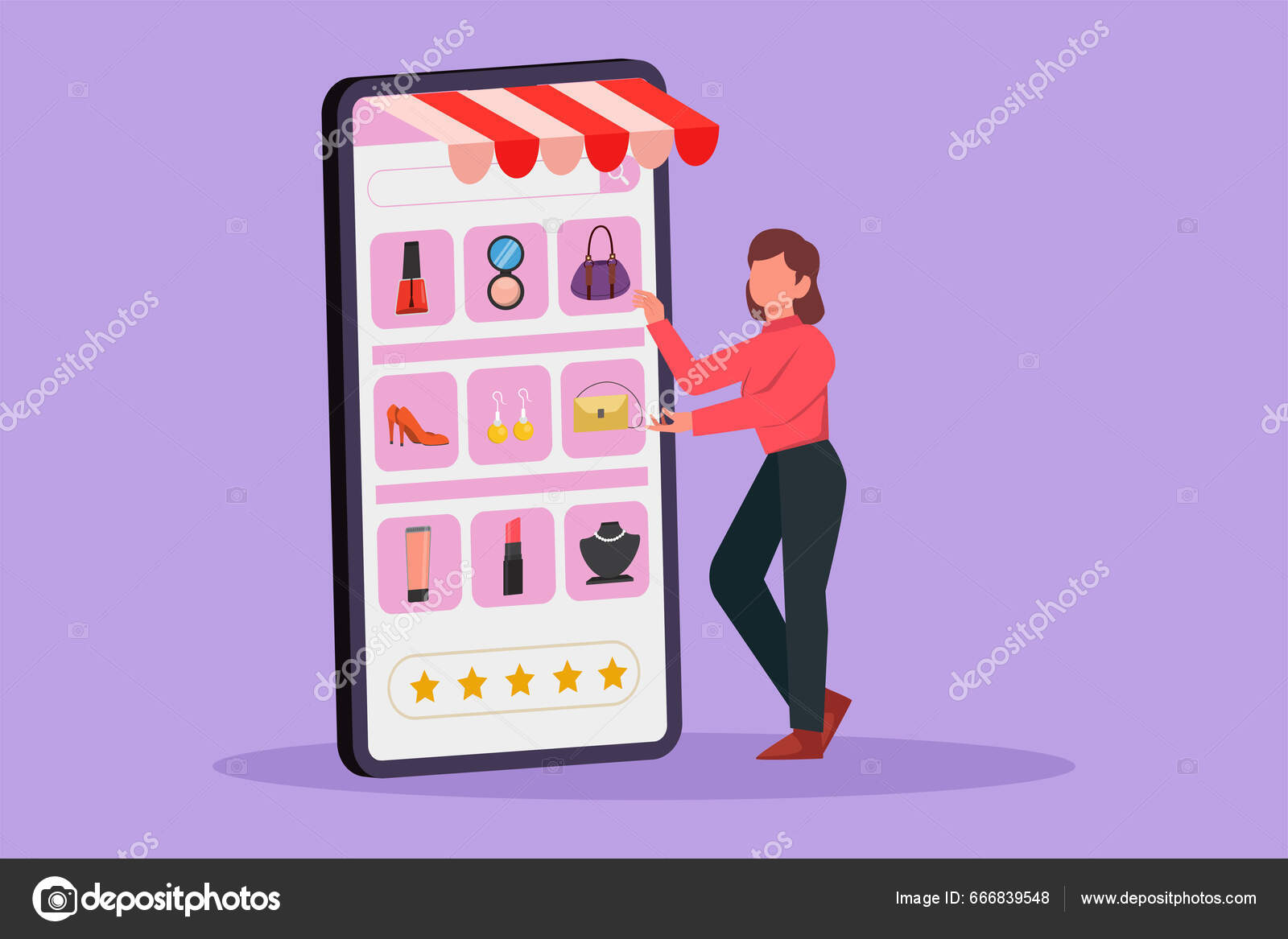 Cartoon Flat Style Drawing Young Woman Choosing Shopping Items Big
