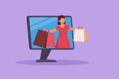 Grafiksel düz tasarım elinde alışveriş torbalarıyla monitörden çıkan genç bir kadını çekiyor. Satış, dijital yaşam tarzı, tüketim. Çevrimiçi mağaza kavramı. Çizgi film biçimi vektör illüstrasyonu