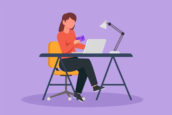 グラフィックフラットデザインは 若い女性が椅子に座って 机の周りのラップトップにクレジットカードコードを入力して描画します デジタル決済 オンラインストア技術の概念 漫画風ベクトルイラスト — ストックベクタ