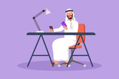 Masasında oturan ve kredi kartı kodunu akıllı telefondan yazan düz karakterli bir Arap. Çevrimiçi mağaza, e-market, e-ticaret, dijital ödeme teknolojisi konsepti. Çizgi film tasarım vektör çizimi