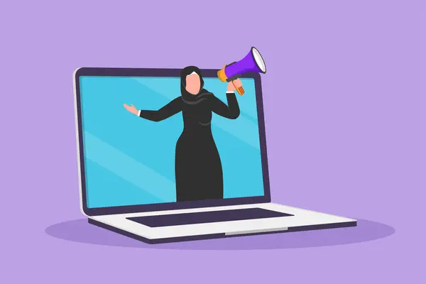 Personagem Plana Desenho Mulher Árabe Saindo Tela Computador Portátil Segurando — Vetor de Stock
