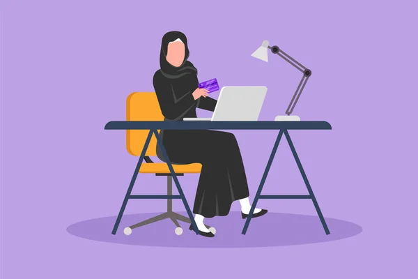 漫画のフラットスタイルは 若いアラビア人女性が椅子に座って 机の周りのラップトップにクレジットカードコードを入力して描画します デジタル決済 オンラインストア技術 グラフィックデザインベクトルイラスト — ストックベクタ