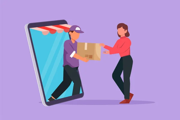 Karakterin düz çizimi aktif erkek kurye, dev bir akıllı telefon ekranından cikarak genç bayan müşteriye paket kutusu veriyor. Çevrimiçi dağıtım metaforu. Çizgi film tasarım vektör çizimi