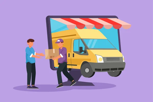 stock vector Cartoon flat style drawing delivery box car comes out partly from big monitor screen and male courier give package box to male customer. Online store transportation. Graphic design vector illustration