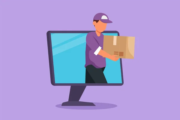 stock vector Graphic flat design drawing male courier delivers box package and through monitor computer screen. Online delivery service technology. Fast delivery parcel concept. Cartoon style vector illustration