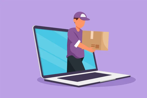 Cartoon Flat Style Drawing Male Courier Delivers Box Package Laptop — Stock Vector