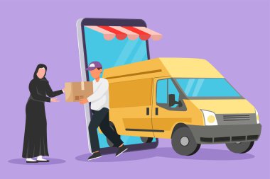 Grafik düz tasarım kargo arabası akıllı telefon ekranından çıkıyor ve erkek kurye Arap kadın müşteriye paket kutusu veriyor. Çevrimiçi mağaza ulaşımı. Çizgi film biçimi vektör illüstrasyonu