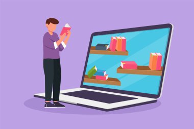 Graphic flat design drawing young male college student reading book while standing in front of laptop computer with bookshelf on screen. Digital education technology. Cartoon style vector illustration
