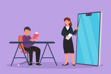 Graphic flat design drawing female teacher standing in front of smartphone screen holding book, teaching male junior high school student sitting on chair near desk. Cartoon style vector illustration