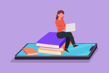 Graphic flat design drawing beauty smart female college student sitting on pile of book while typing laptop on smartphone screen. Learning online education concept. Cartoon style vector illustration