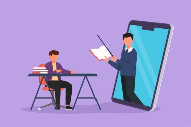 Cartoon flat style drawing of male student sitting on chair with desk studying staring at smartphone screen and inside laptop there is male lecturer who is teaching. Graphic design vector illustration