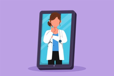 Character flat drawing female doctor comes out of smartphone screen while making thumbs up gesture. Online consultation doctor concept. Digital healthcare metaphor. Cartoon design vector illustration