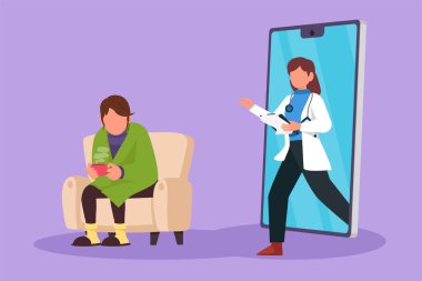 Graphic flat design drawing female patient having fever sitting on sofa, using blanket, hold mug and there is female doctor walking out of smartphone with clipboard. Cartoon style vector illustration