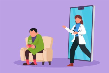 Cartoon flat style drawing male patient having fever sitting on sofa, using blanket, holding mug and there is female doctor walking out of smartphone with clipboard. Graphic design vector illustration