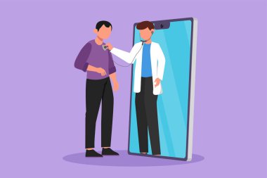 Çizgi film düz çizim erkek doktor akıllı telefon ekranından çıkıyor ve erkek hasta kalp atışlarını steteskop kullanarak kontrol ediyor. Çevrimiçi doktor sağlık hizmeti metaforu. Grafik tasarım vektör çizimi