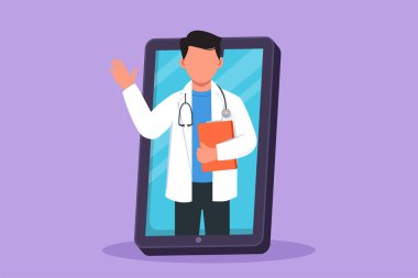 Grafiksel düz dizayn genç erkek doktor elinde bir pano ile ekrandan çıkıyor. Çevrimiçi tıbbi uygulama hizmetleri. Dijital sağlık danışma metaforu. Çizgi film biçimi vektör illüstrasyonu