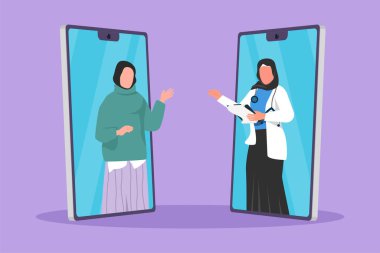 İki akıllı telefonu yüz yüze çizen karakter, elinde dosya tutarken kadın doktorla konuşan Arap kadın hasta içeriyor. Dijital ya da çevrimiçi doktor. Çizgi film tasarım vektör çizimi