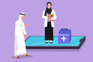 Akıllı telefon ekranında duran ve erkek hastayla konuşan Arap kadın doktor çizimi. Digital Online Sağlık Hizmetleri ve Danışmanlık. Çizgi film tasarım vektör çizimi