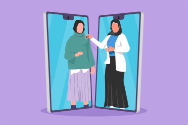 İki akıllı telefon çizerek birbirine bakan Arap kadın doktor steteskop kullanan kadın hastaların kalp atışlarını kontrol ediyor. Çevrimiçi doktor tıbbi uygulaması. Çizgi film tasarım vektör çizimi