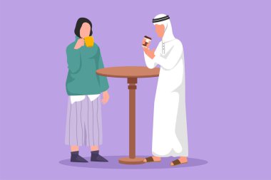 Sevgi dolu bir Arap çifti kahve içerek kafede ayakta dikiliyor. Arkadaş ya da iş arkadaşları barda buluşuyor, içki içiyor, birlikte zaman geçiriyorlar. Çizgi film tasarım vektör çizimi