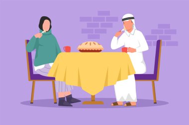 Grafik düz tasarım, pastayla çay saati çiziyor. Mutlu Arap çift oturup konuşuyor, içiyor ve yiyor. Daire odası, kurabiye kahveli arkadaş akşamı. Rahat bir ev. Çizgi film biçimi vektör illüstrasyonu