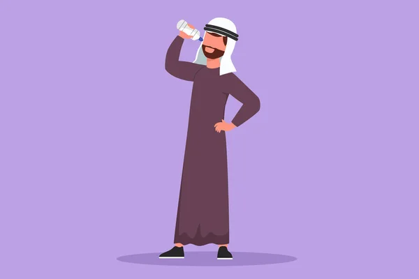 Character Flat Drawing Young Arab Man Standing Drinking Fresh Water — Stock Vector