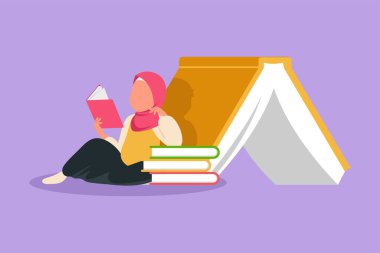 Çizgi film düz çizim küçük Arap kız okuma, öğrenme ve büyük kitap yığınına yaslanma. Okulda ders çalış. Akıllı öğrenci eğitim alır. Entellektüel bilgi. Grafik tasarım vektör çizimi