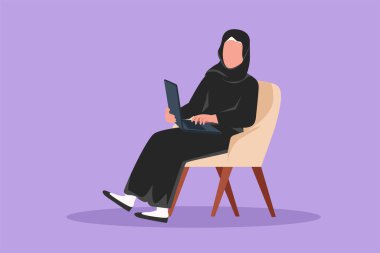 Evden dizüstü bilgisayarla çalışan düz çizimli genç bir Arap kadın karakteri, sosyal mesafeler, uzak ofis. Serbest çalışanların günlük hayatı, öğrenci eğitimi. Çizgi film tasarım vektör çizimi