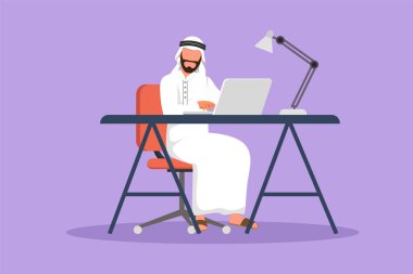 Çizgi film düz stil, dizüstü bilgisayar, masa lambası ve kitap yığınıyla Arap adam çalışması. Okula geri döndüm, zeki bir öğrenciyim, online eğitim alıyorum. İş adamı çalışıyor. Grafik tasarım vektör çizimi