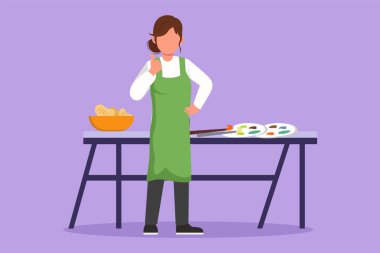 Karakterin düz çizen ressamı masanın yanında baş parmağını kaldırıyor ve atölyedeki tuvalde resim yapmak için aletler boyuyor. Yaratıcı iş ya da iş. Çizgi film tasarım vektör çizimi