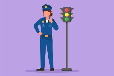 Grafi düz tasarım, trafik ışıklarının yanında duran aktif bir polis memurunu baş parmak hareketleriyle ve üniformalı bir şekilde otoyoldaki araç trafiğini kontrol etmek için çekiyor. Çizgi film biçimi vektör illüstrasyonu