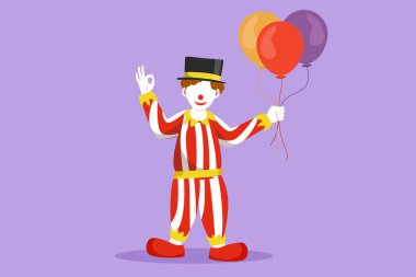 Komik palyaçonun durduğu ve elinde jestli balonlar tuttuğu, şapkalı ve palyaço kostümü giymiş sirk arenasında seyircileri eğlendirmeye hazır bir çizim. Çizgi film tasarım vektör çizimi