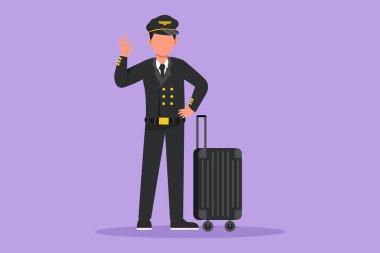 Çizgi film düz çizim çizimi, iyi bir jest ve üniformayla, yolcuları varış noktalarına getirmek için uçağa binmeye ya da uçmaya hazır. Grafik tasarım vektör çizimi