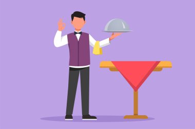 Grafiksel düz tasarım çizim garsonu iyi bir jestle ayağa kalktı ve restoran misafirlerine ikram etmek için bir tepsi lezzetli yemek getirdi. Kafeteryada çalışan erkek garson. Çizgi film biçimi vektör illüstrasyonu