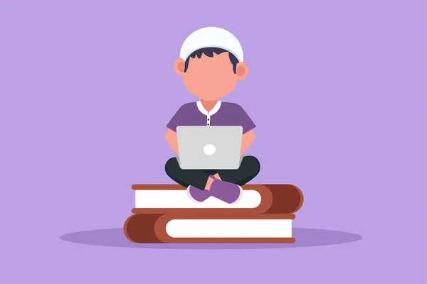 漫画のフラットスタイル描画かわいいアラブの小さな男の子は ラップ上のラップトップコンピュータにタイピングし 大きな本の山に座っています オンライン学習や教育を学ぶ学生 グラフィックデザインベクターイラスト — ストックベクタ