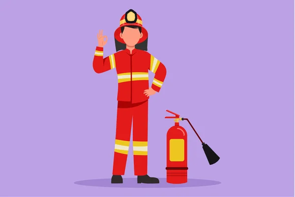 Character flat drawing active firefighters standing with fire extinguisher wearing helmet and uniform with gesture okay. Working to extinguish fire in burn building. Cartoon design vector illustration