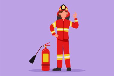 Cartoon flat style drawing beauty female firefighters stood with fire extinguisher wearing helmet and uniform complete with okay gesture to work to extinguish fire. Graphic design vector illustration