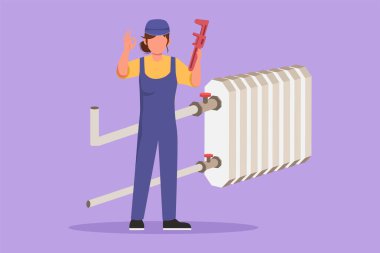 Character flat drawing beauty female plumber standing holding wrench with okay gesture was ready to work on repairing leaking drain in houses drains professionally. Cartoon design vector illustration