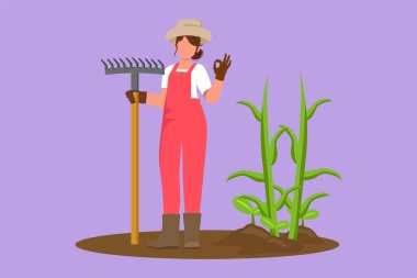 Cartoon flat style drawing cute female farmer standing with okay gesture, wearing straw hat and carrying rake to plant crops on farmland. Rural agricultural worker. Graphic design vector illustration