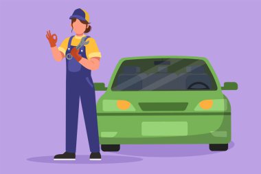 Graphic flat design drawing female mechanic standing in front of car with okay gesture and holding wrench to perform maintenance on vehicle engine or transportation. Cartoon style vector illustration